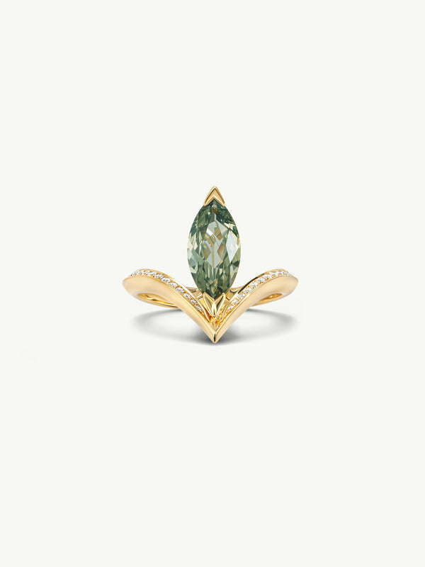 Yasmeen Ring with Brilliant Marquise-Cut Natural Green Sapphire In 18-Karat Yellow Gold